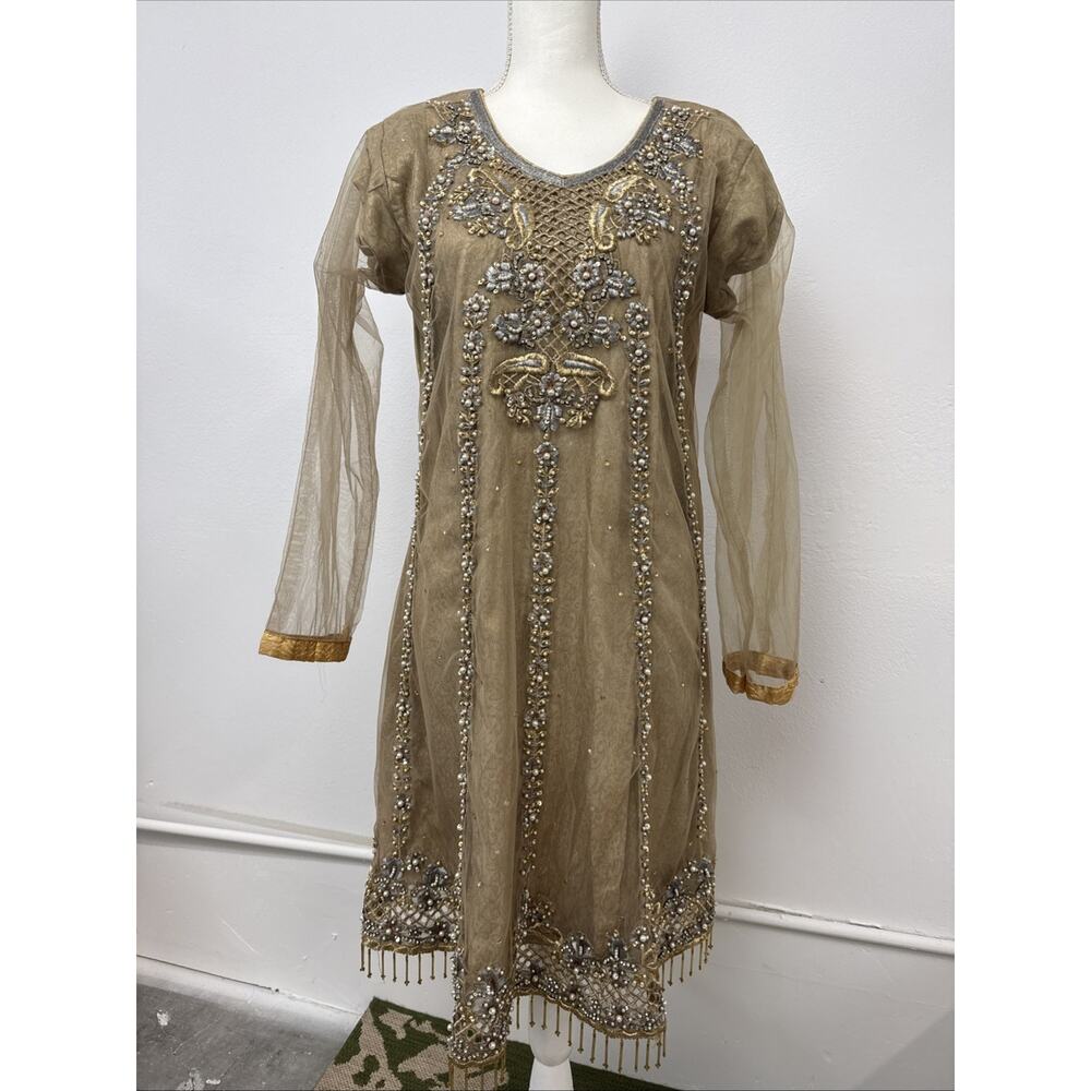Indian Pakistani Women's Embroidered Beaded Chiffon Shalwar Kameez Party Wear M